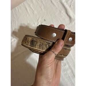 Western Express Mens Brown Leather Hair on Hide Belt Size 36 Scalloped Stitching